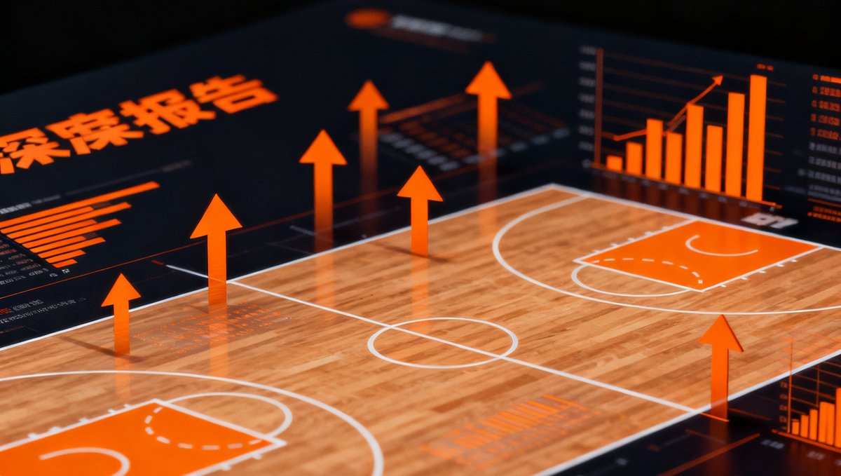 一篇关于NBA战术演变的深度报告封面图，深色背景上叠加了篮球场战术走位箭头和橙色数据图表元素