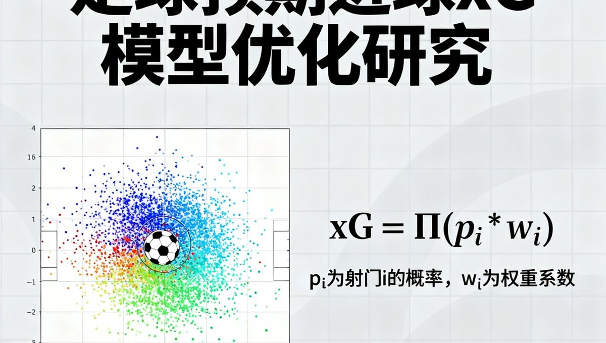 足球预期进球xG模型优化研究文章封面，展示了一个带有数学公式和足球射门位置散点图的学术风格设计