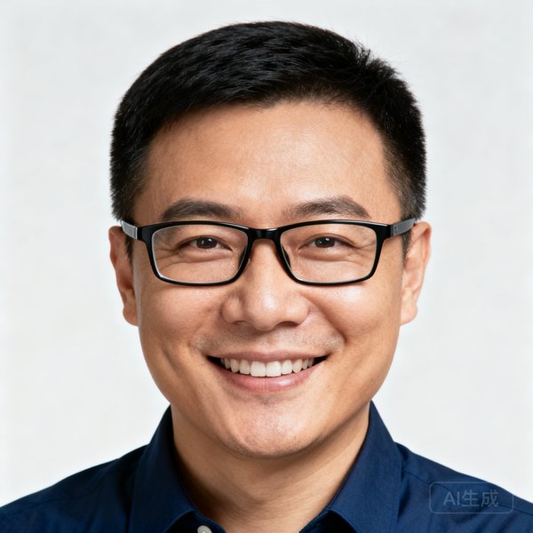 周明远，优发国际创始人兼CEO，戴着黑框眼镜，身穿深蓝色衬衫，面带自信微笑的正面半身照